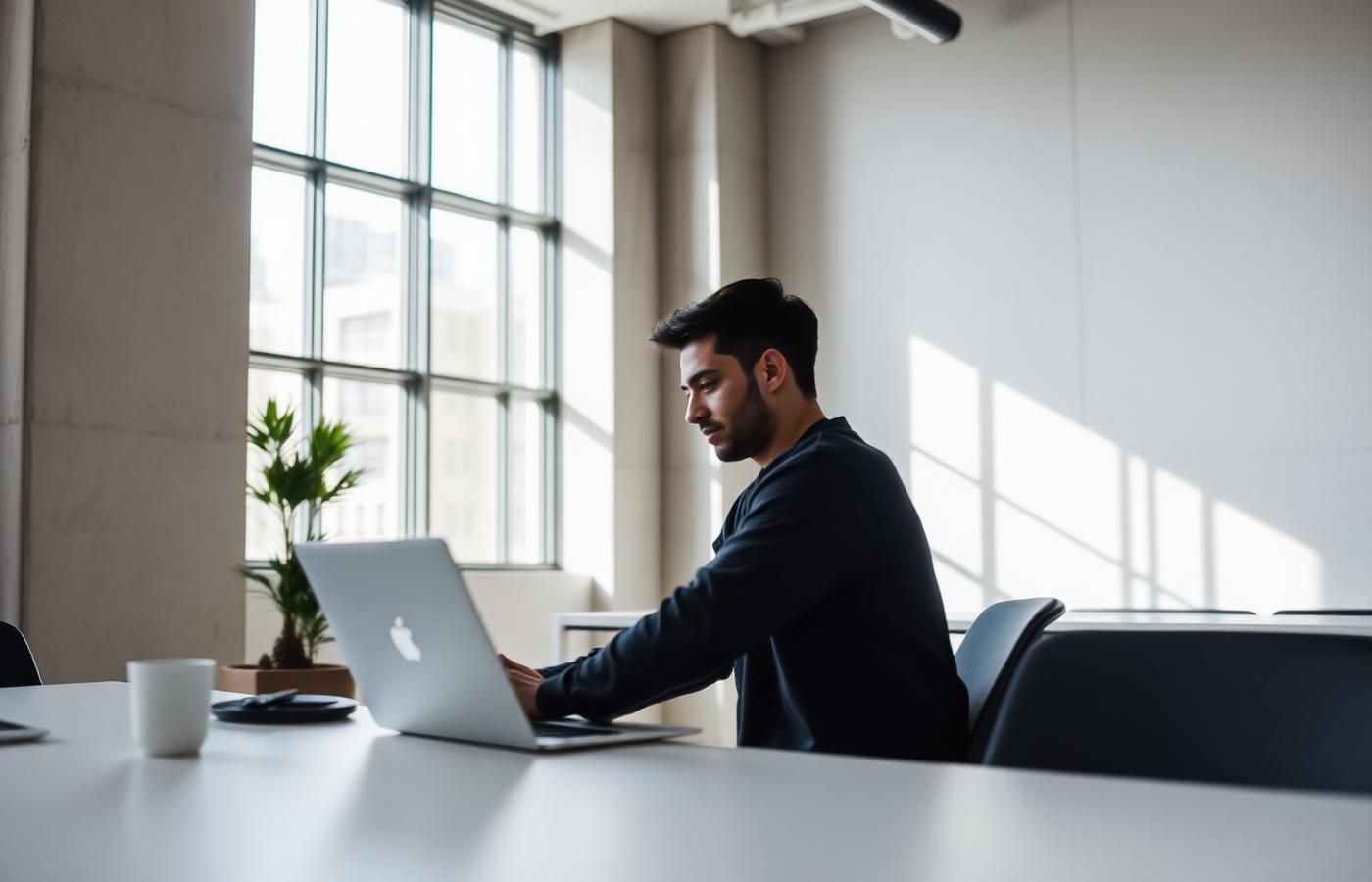 A software consultant working on a laptop in a bright minimalist office