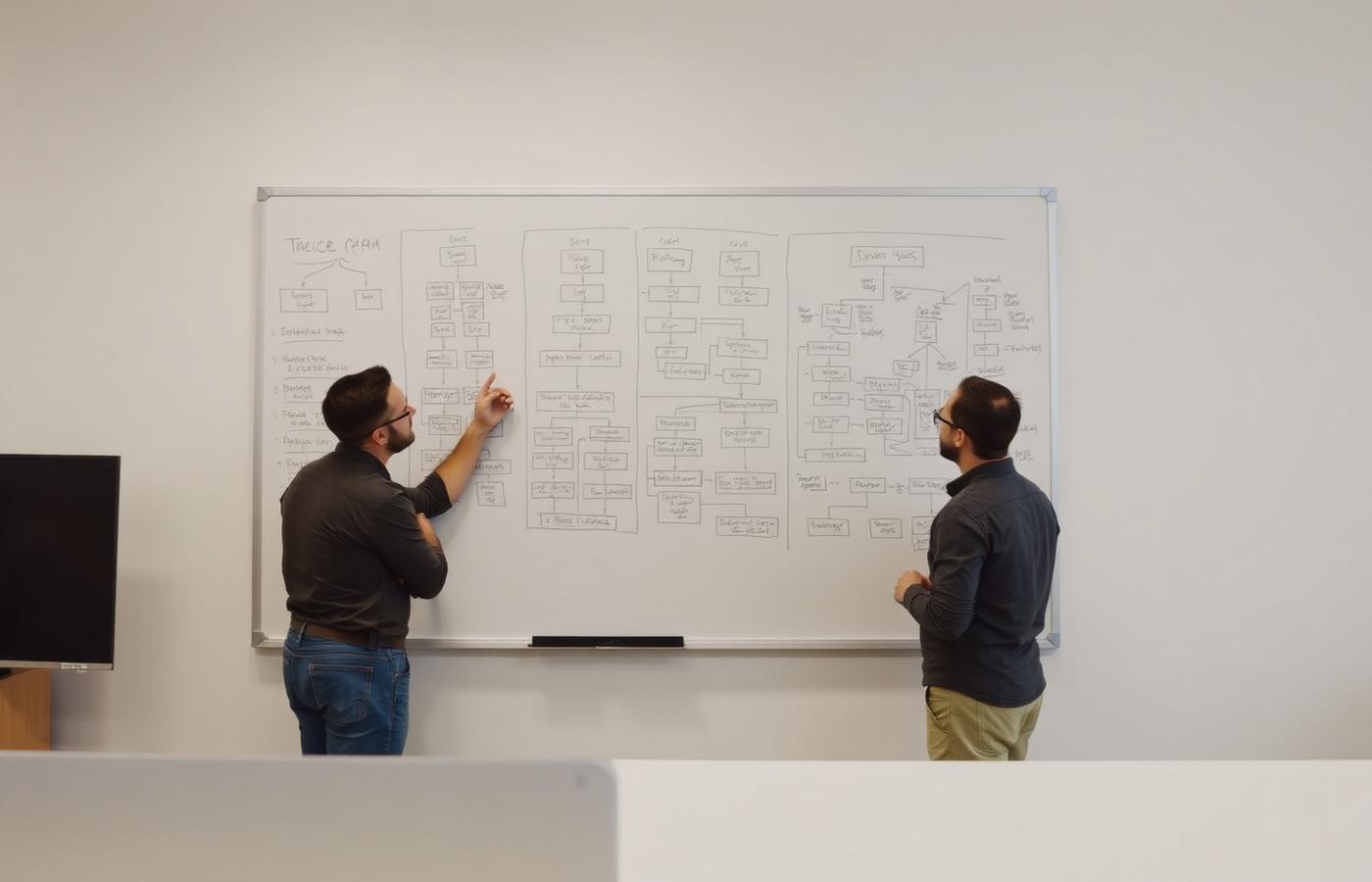 Two engineers reviewing a system architecture diagram drawn on a whiteboard